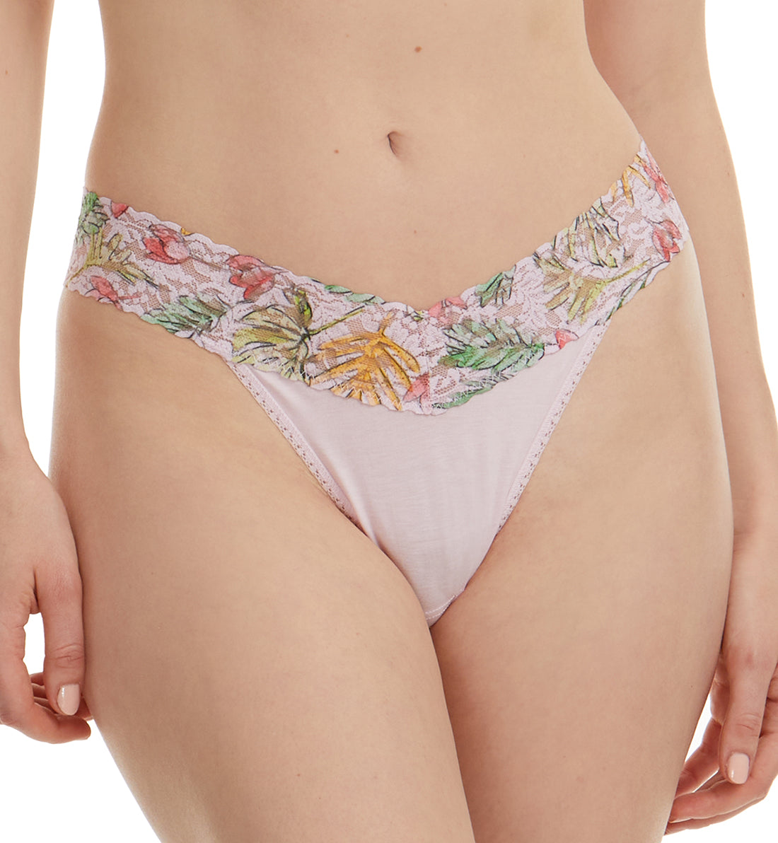 Hanky Panky Cotton-Spandex Original Rise Thong (891802),Island Pink/Lovely Leaves - Lovely Leaves,One Size