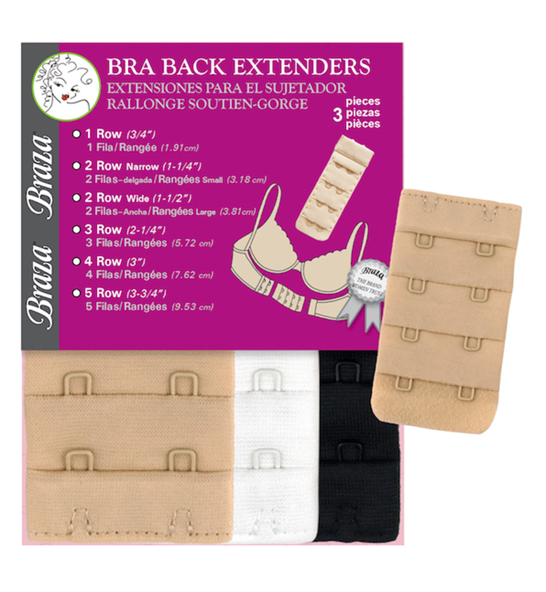 Braza Bra Back Extenders MULTI PACK (B5002),2 Hook (Wide),White/Beige/Black - Multi,2 Hook