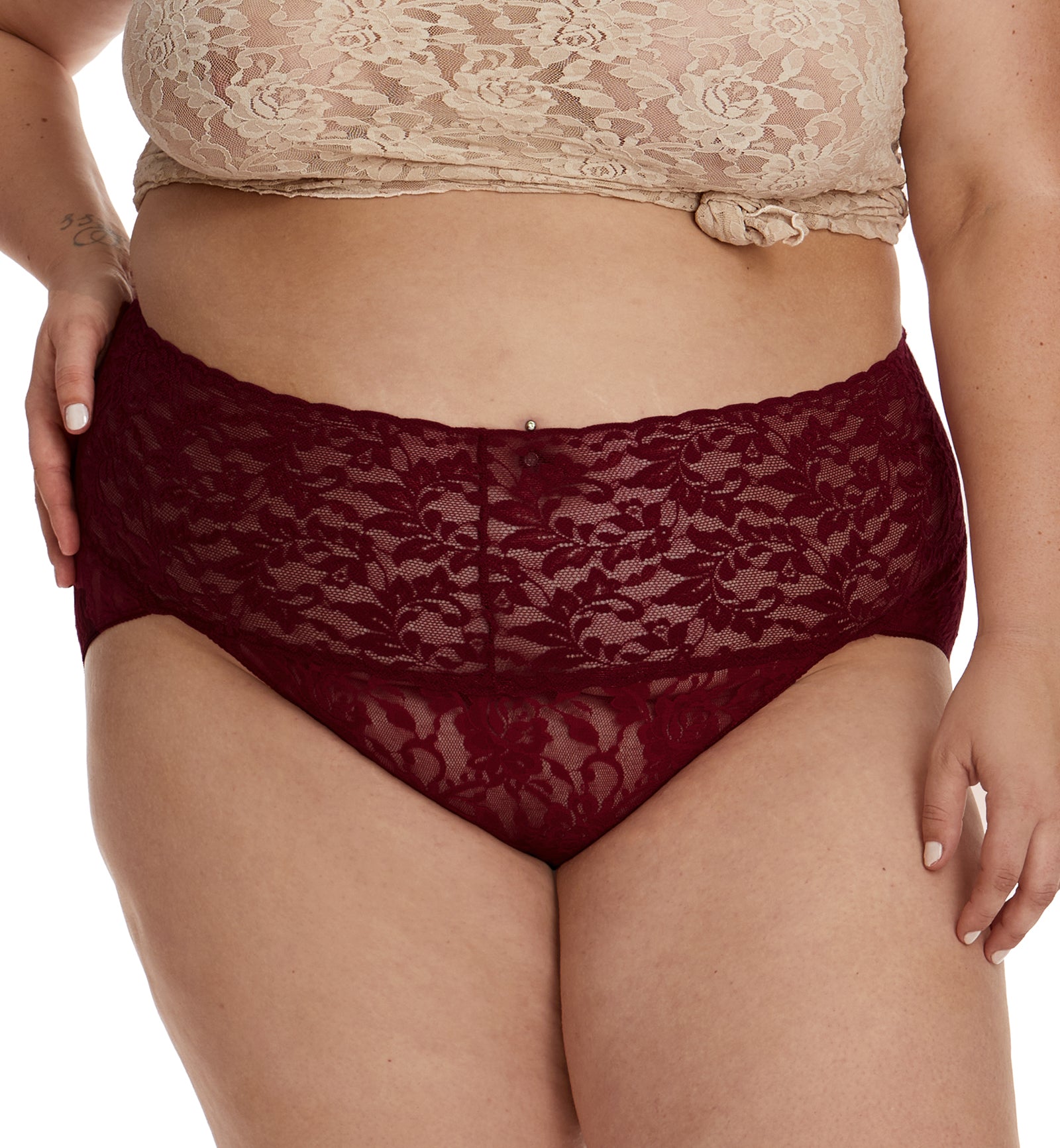 Hanky Panky Retro Lace V-kini PLUS (9K2124X),1X,Dried Cherry - Dried Cherry,1X
