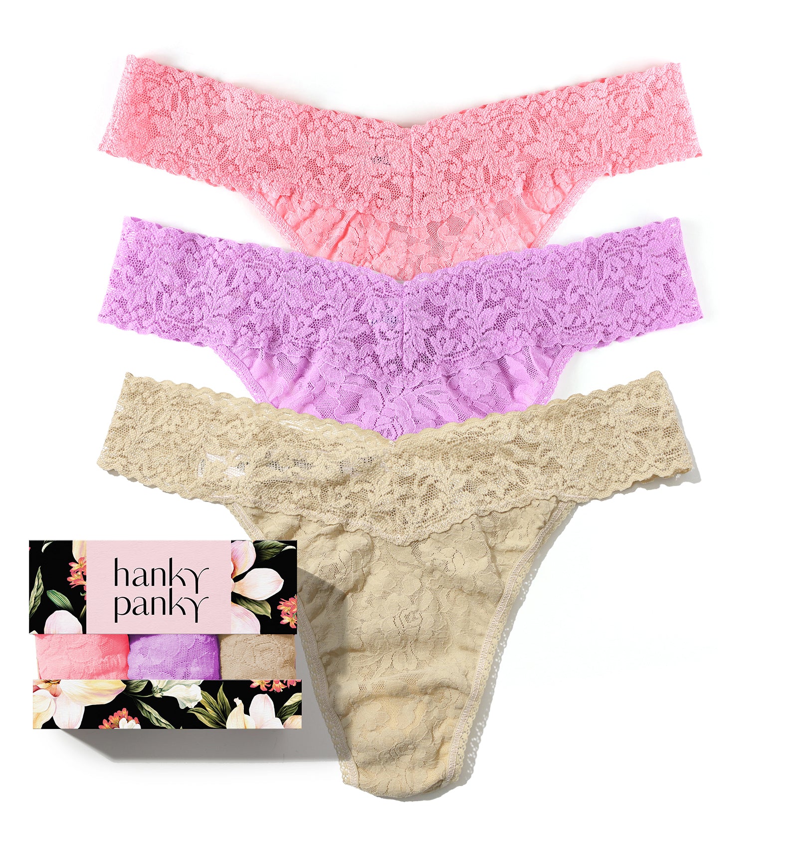 Hanky Panky 3-PACK Signature Lace Original Rise Thong (48113PK),Dark Room Blooms - Dark Room Blooms,One Size