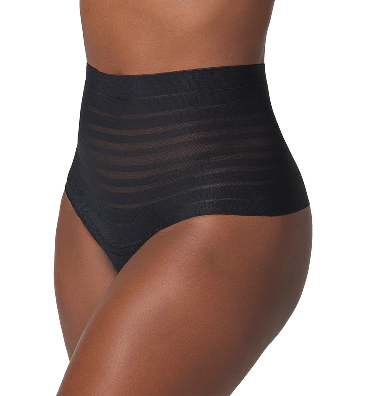 Leonisa Slimming Lace Stripe High-Waisted Thong Panty (012890),Small,Black - Black,Small