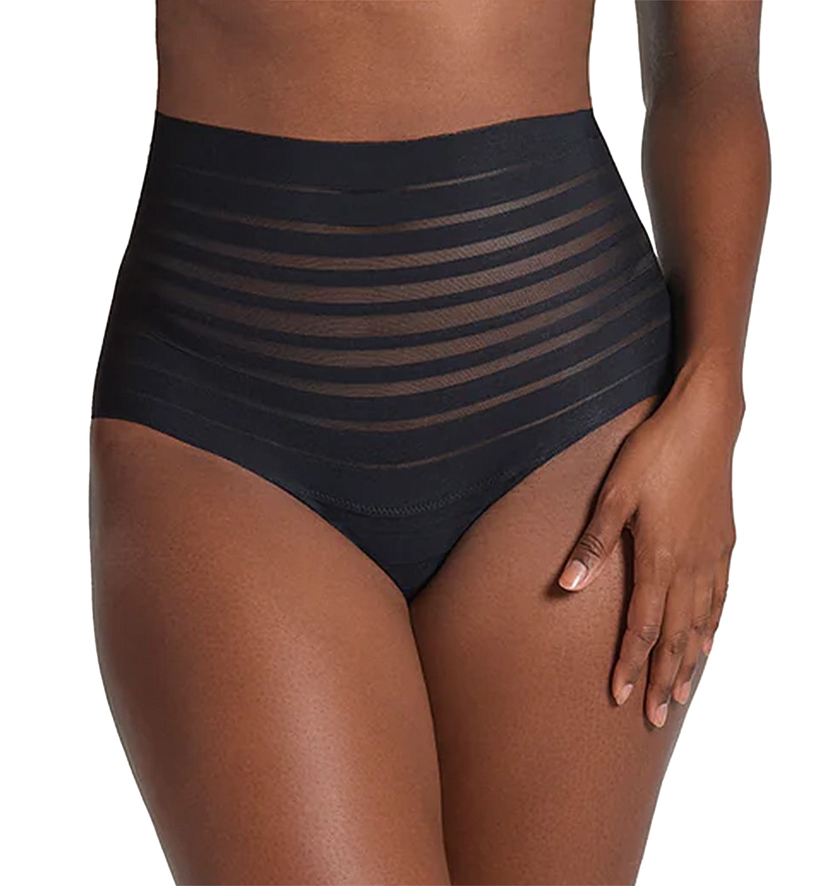 Leonisa Slimming Lace Stripe High-Waisted Thong Panty (012890),Small,Black - Black,Small