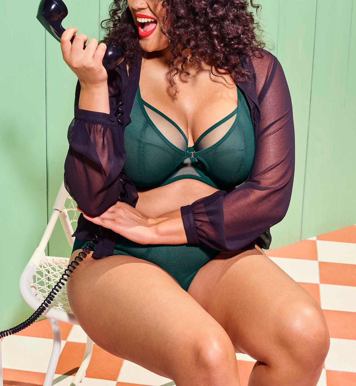 Elomi Kintai Peek-a-Boo Plunge Underwire Bra (301202),32H,Deep Teal - Deep Teal,32H