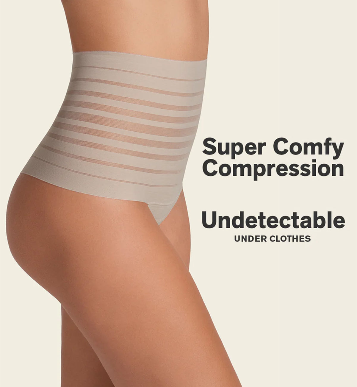 Leonisa Slimming Lace Stripe High-Waisted Thong Panty (012890),Small,Nude - Nude,Small