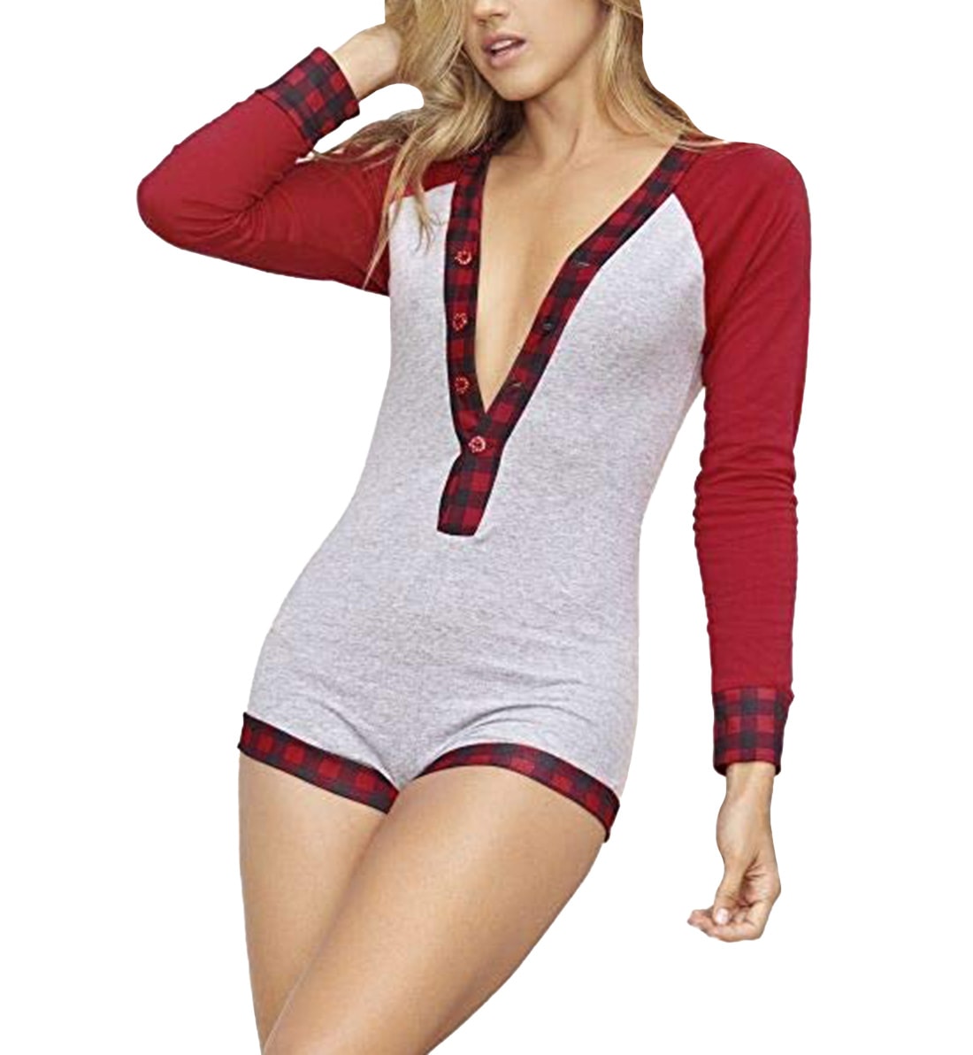 Mapale Long Sleeve Deep Plunge Romper (7282),Medium,Grey - Grey,Medium