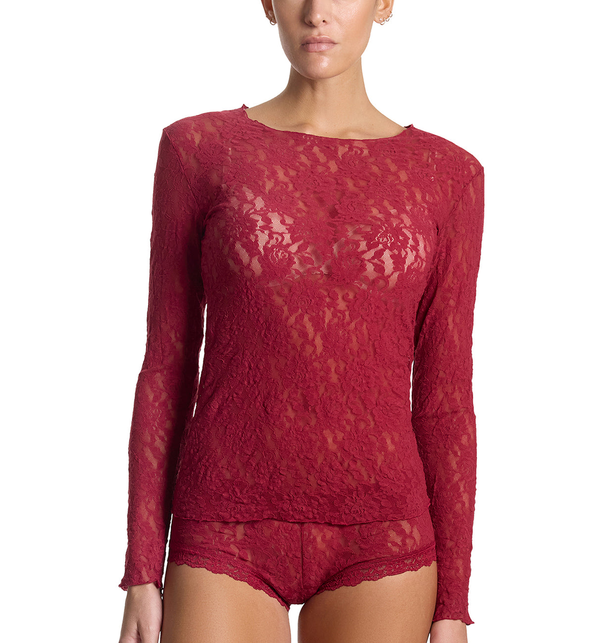 Hanky Panky Signature Lace Unlined Long Sleeve Top (128L),XS,Wild Berries - Wild Berries,XS