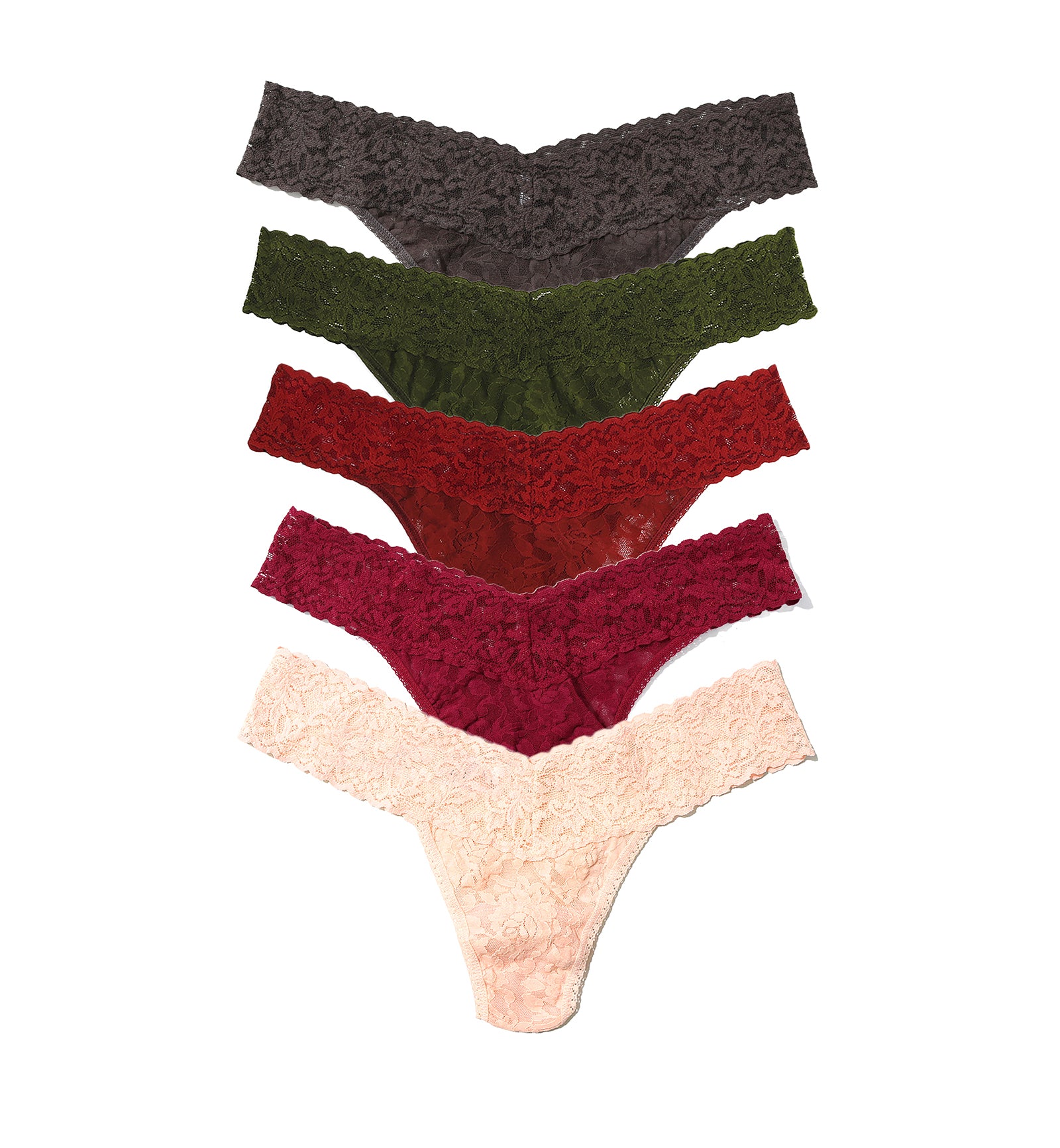 Hanky Panky 5-PACK Signature Lace Low Rise Thong (49115PK),GWCM - Granite/Woodland Green/Clay Ole/Dark Pomegranate/Vanilla,One Size
