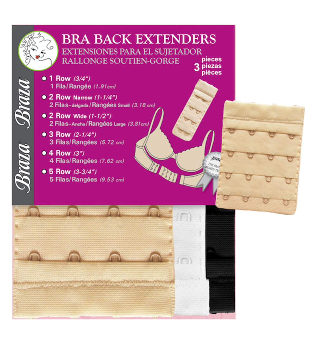 Braza Bra Back Extenders MULTI PACK (B5002),4 Hook,White/Beige/Black - Multi,4 Hook