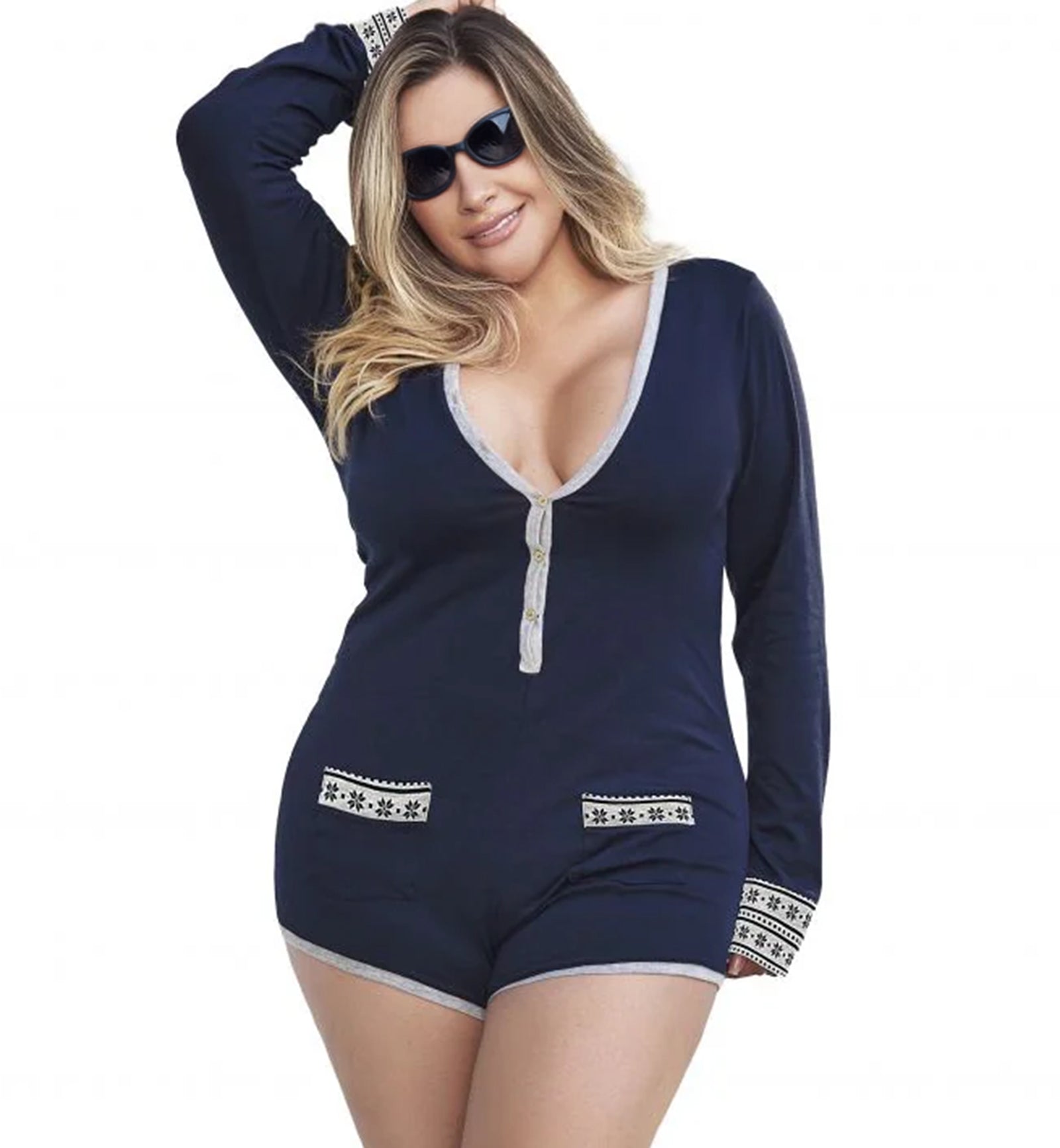 Mapale Cheeky Cut Soft Cotton Long Sleeve Sleep Romper PLUS (7233X),1X/2X,Blue - Blue,1X/2X