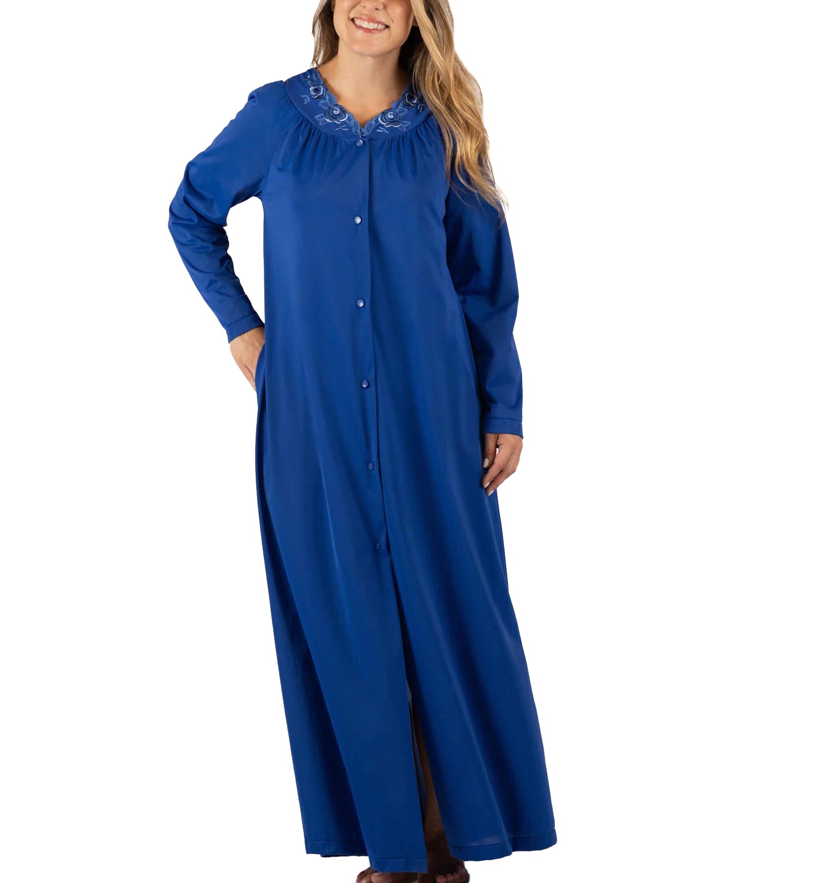 Shadowline Petals Long Sleeve Button Down Long Robe (71280),S,Navy - Navy,Small