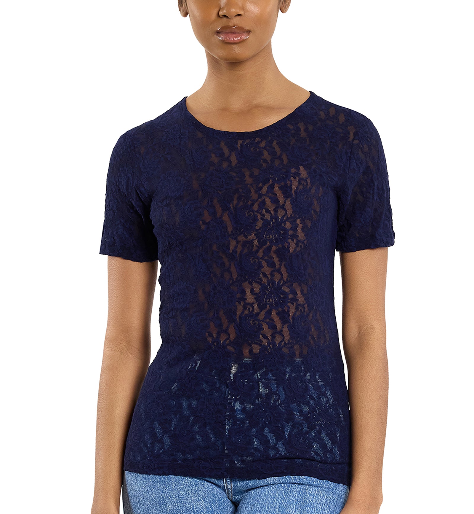 Hanky Panky Signature Lace Short Sleeve Top (48T511),XS,Navy - Navy,XS