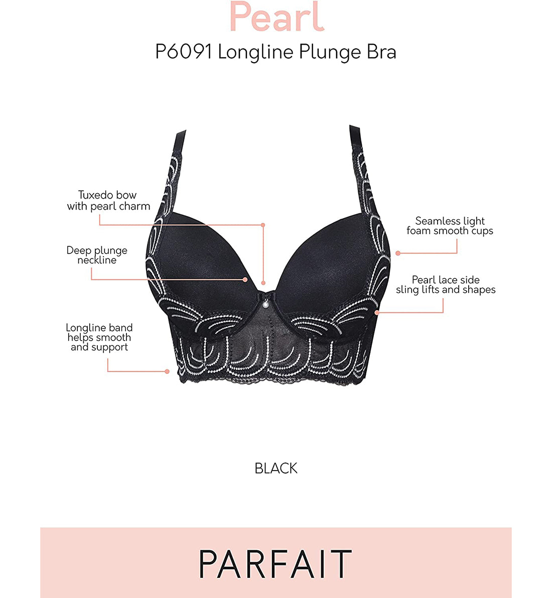 Parfait Pearl Longline Plunge Underwire Bra (P6091),32C,Black - Black,32C