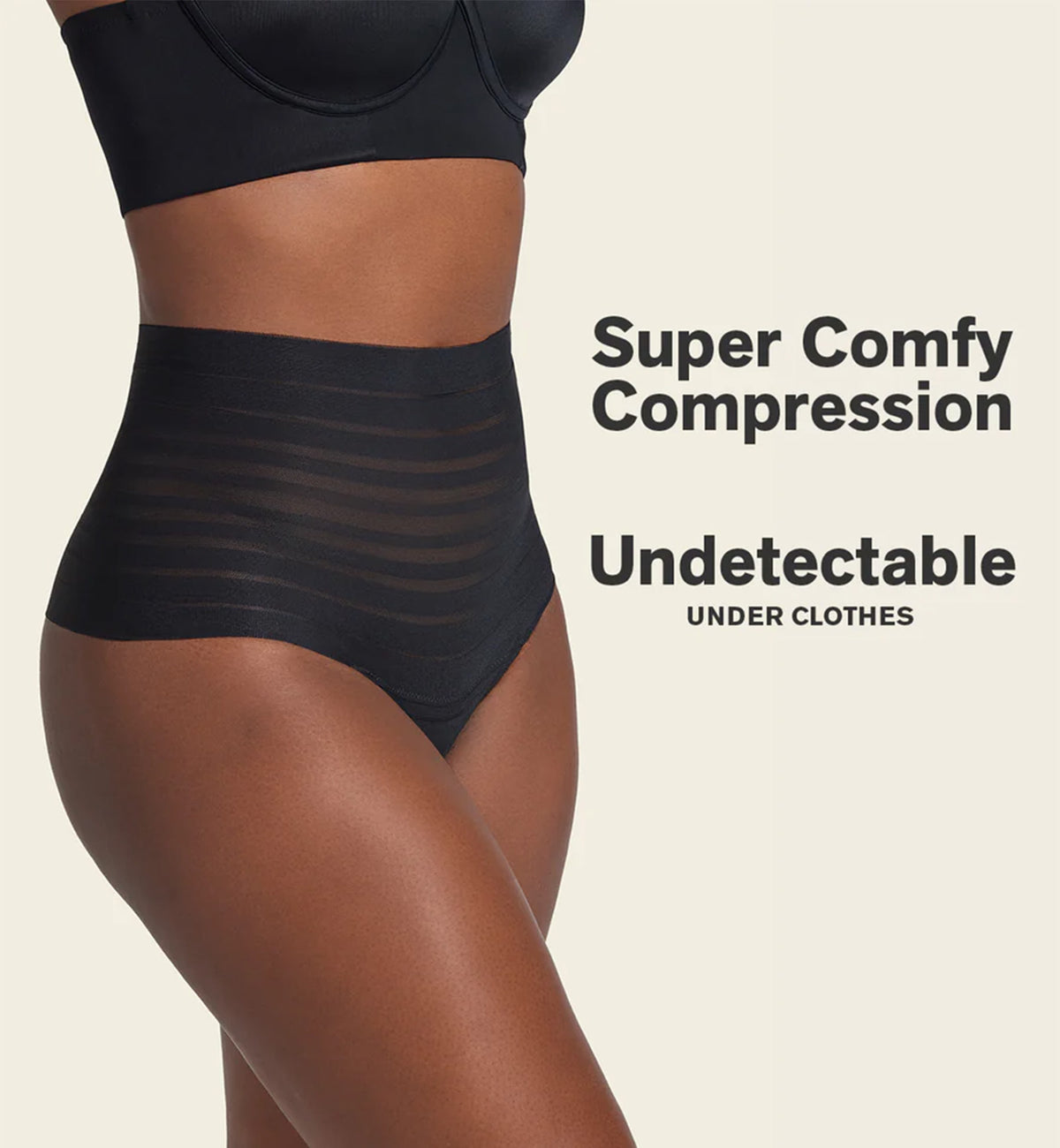 Leonisa Slimming Lace Stripe High-Waisted Thong Panty (012890),Small,Black - Black,Small