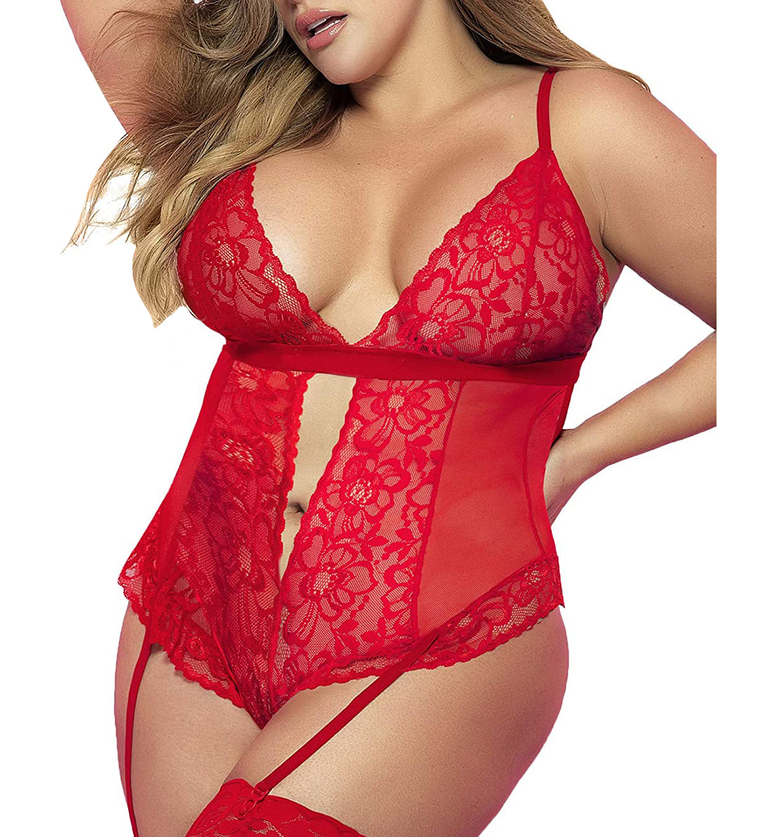 Mapale Plunge Brazilian Back Teddy with Attached Garter Straps PLUS (8568X),1X/2X,Red - Red,1X/2X