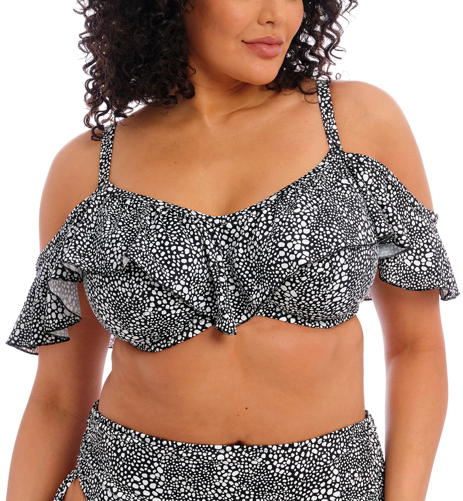 Elomi Pebble Cove Bardot Ruffle Underwire Bikini Top (ES801106),34G,Black - Black,34G