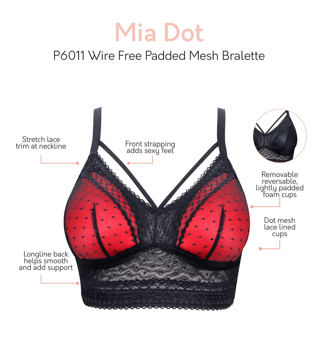 Parfait Mia Dot Wire-Free Padded Mesh Bralette (P6011),30D,Black - Black,30D