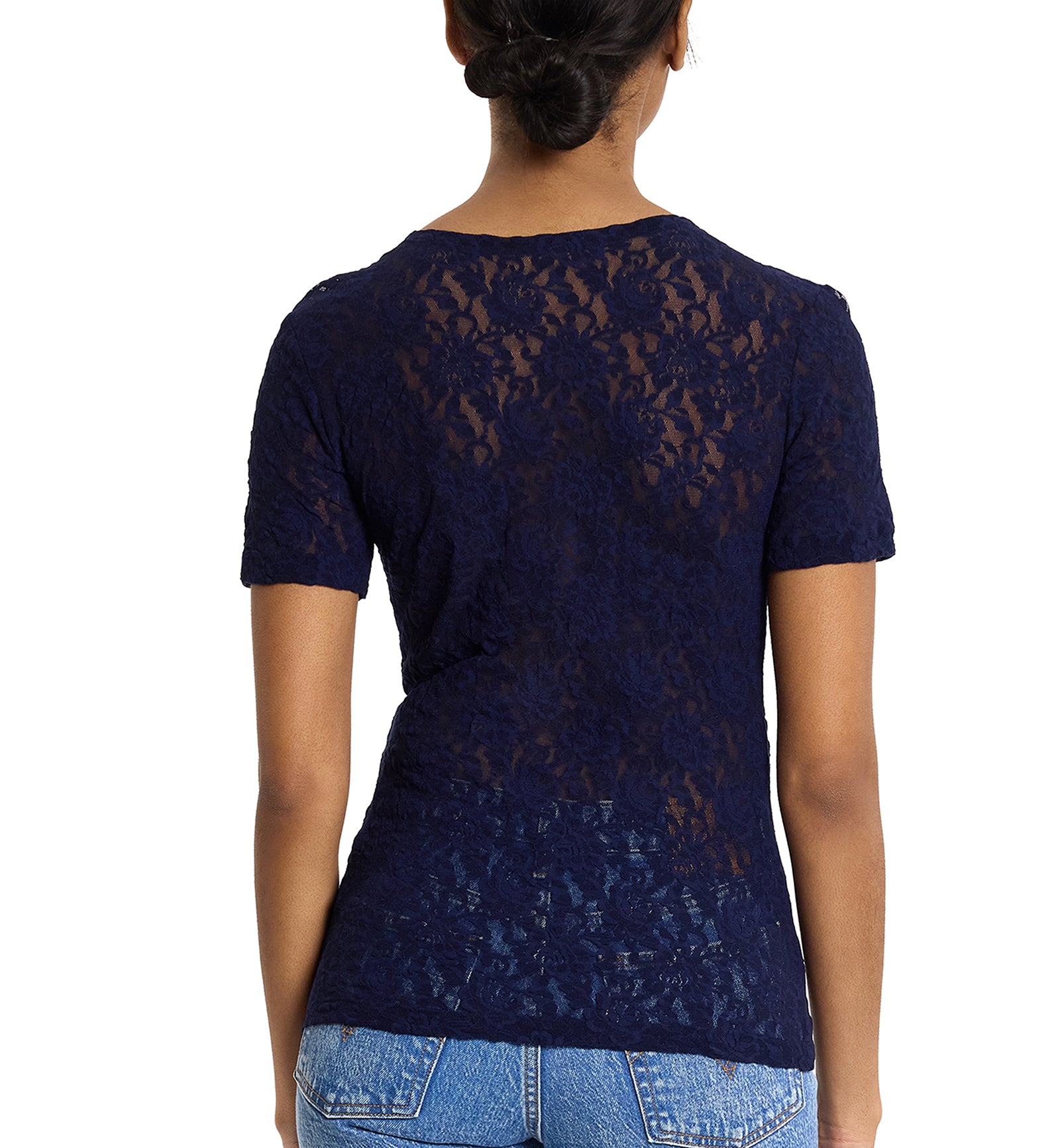 Hanky Panky Signature Lace Short Sleeve Top (48T511),XS,Navy - Navy,XS
