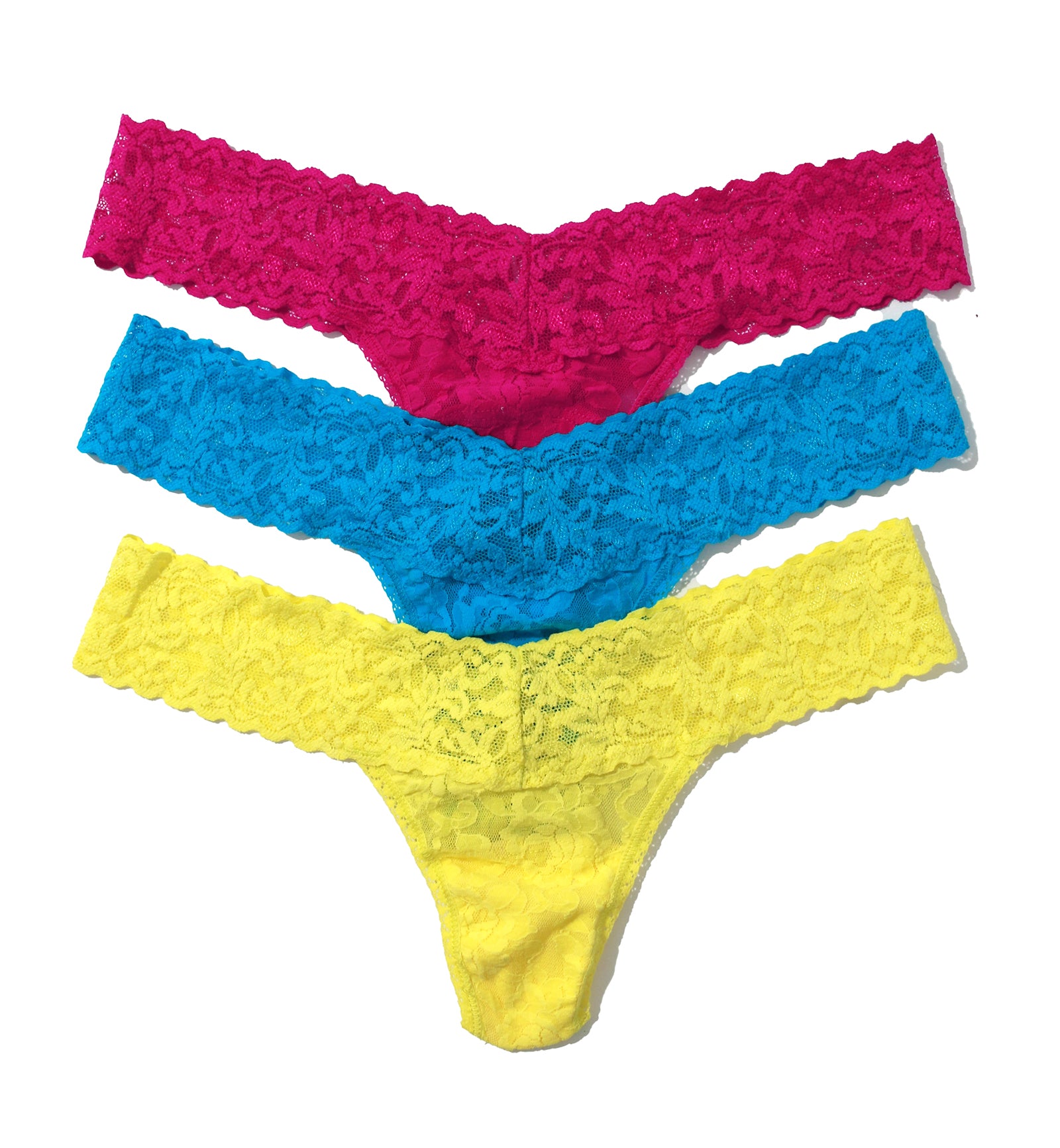 Hanky Panky 3-PACK Signature Lace Low Rise Thong (49113PK),Still Blooming - Venetian Pink/Fiji Blue/Citrus Punch,One Size