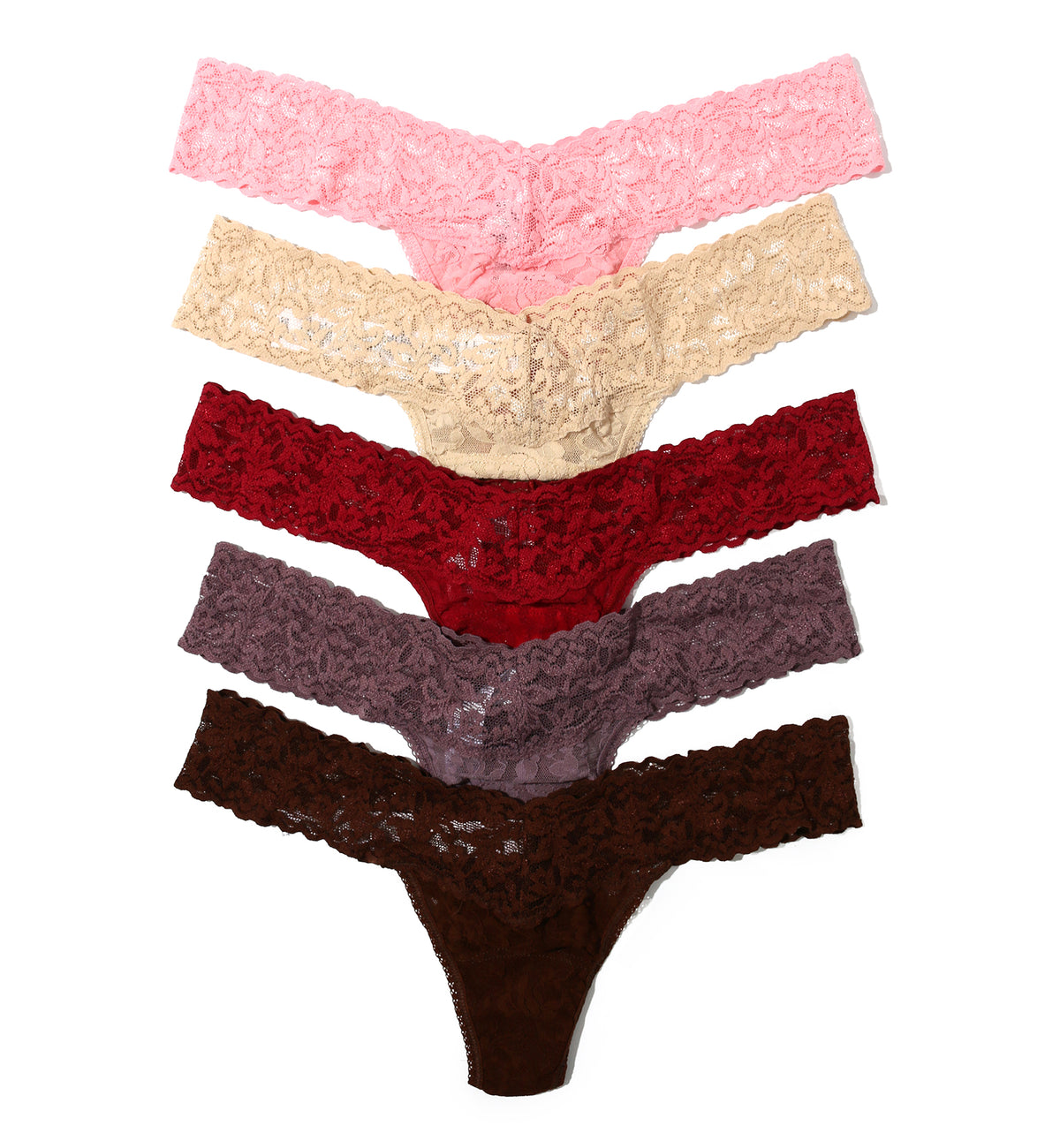Hanky Panky 5-PACK Signature Lace Low Rise Thong (49115PK),Prowling - Pink Lemonade/Sand/Fine Wine/Dusk/Dark Cocoa,One Size