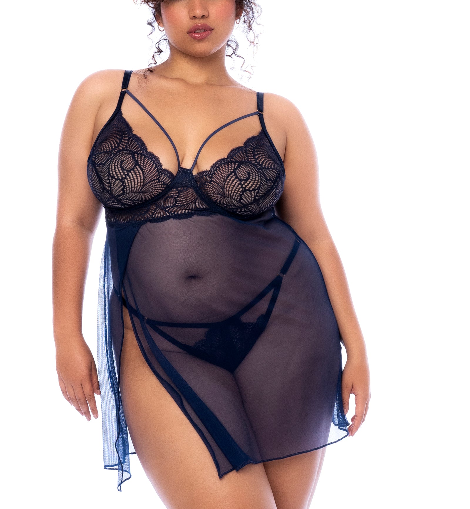 Mapale Enticing Glamour Babydoll with Thong PLUS (7555X),1X/2X,Midnight Blue - Midnight Blue,1X/2X