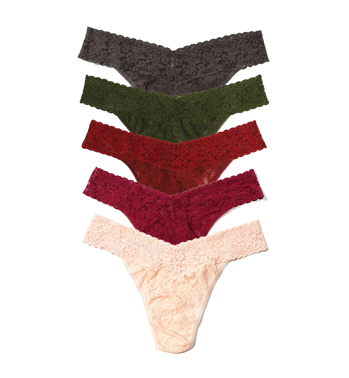 Hanky Panky 5-PACK Signature Lace Original Rise Thong (48115PK),GWCM - Granite/Woodland Green/Clay Ole/Dark Pomegranate/Vanilla,One Size