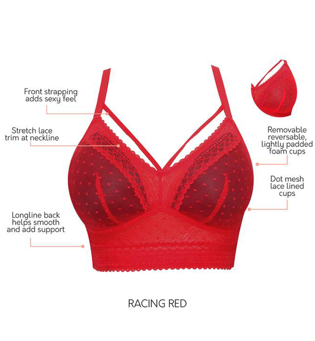 Parfait Mia Dot Wire-Free Padded Mesh Bralette (P6011),30D,Racing Red - Racing Red,30D
