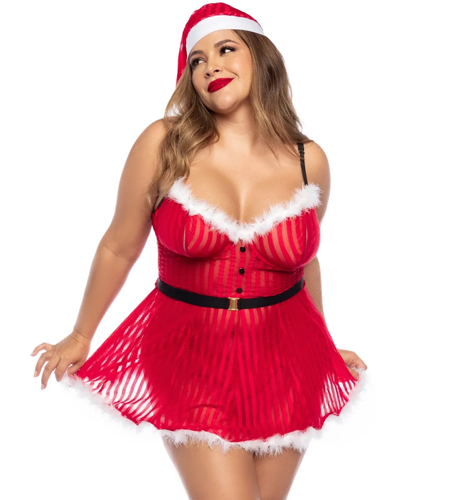 Mapale Mrs. Claus 2 Piece Set PLUS: Peek-a-Boo Dress and Hat (60010X),1X/2X,Red - Red,1X/2X