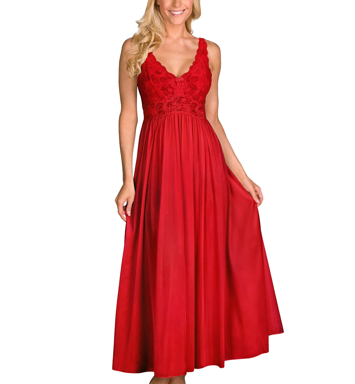 Shadowline Silhouette Lace Bodice Long Nightgown (31737),S,Red - Red,Small