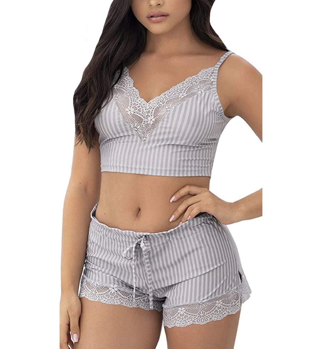 Mapale 2 Piece PJ Set: V-Crop Top & Side Slit Short (7394),Small,Grey - Grey,Small