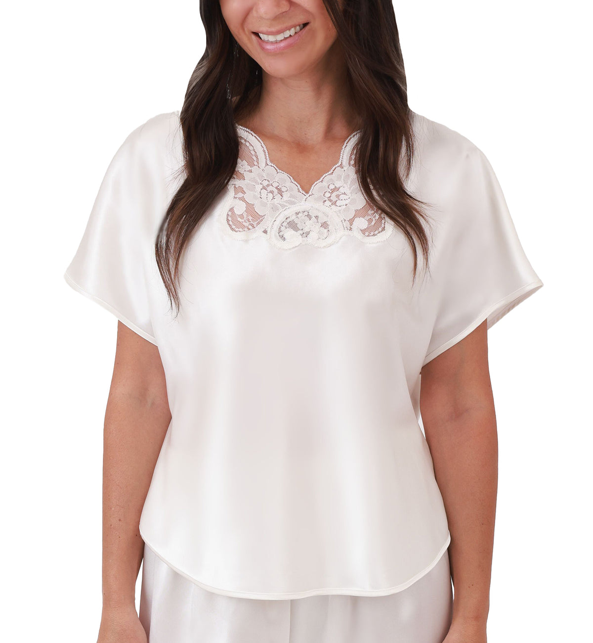 Shadowline Rochelle Satin Short Sleeve Pajama Top (23075),S,Ivory - Ivory,Small