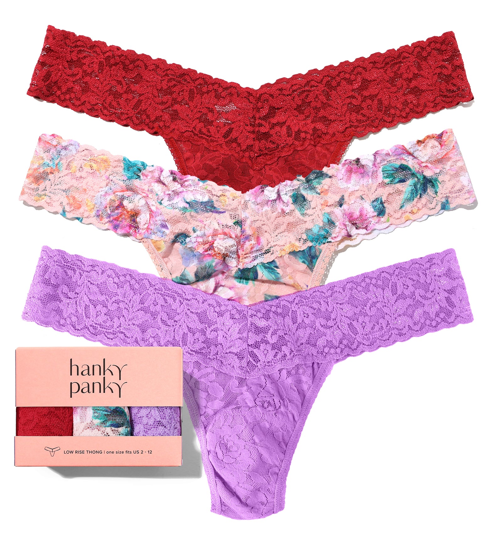 Hanky Panky 3-PACK Signature Lace Low Rise Thong (49113PK),Buy Myself Flowers - Buy Myself Flowers,One Size