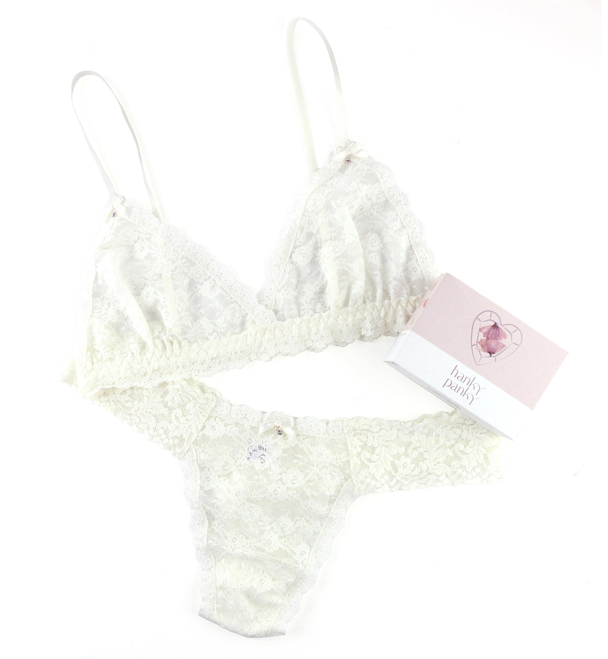 Hanky Panky Wedding Night Low Rise Thong and Bralette Set (9C103SBX22),Small,Light Ivory - Light Ivory,Small