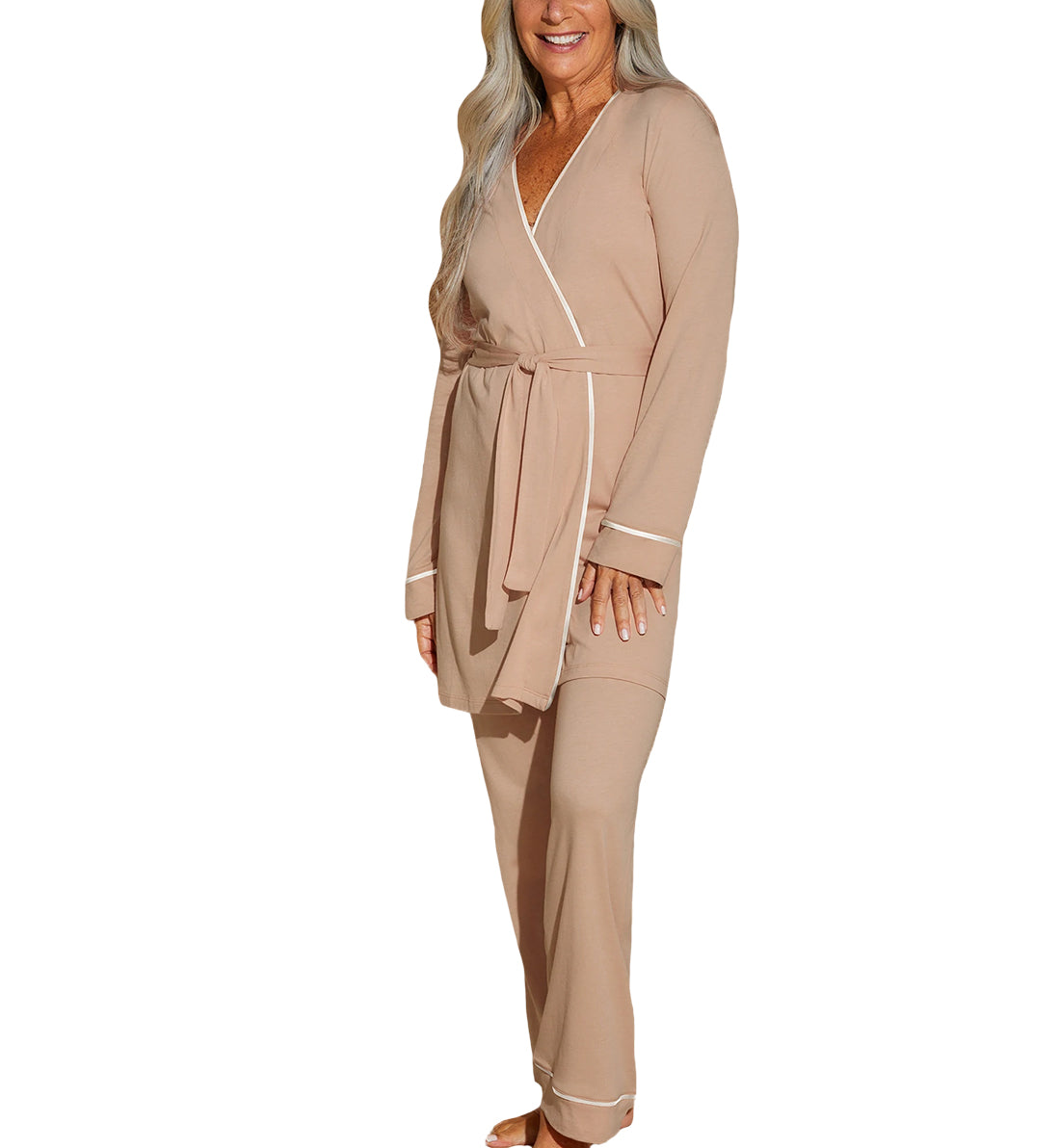 Cosabella Bella Curvy Pima 3 Piece PJ Set (AMORE9862),Small,Camel/Moon Ivory - Camel/Gold,Small