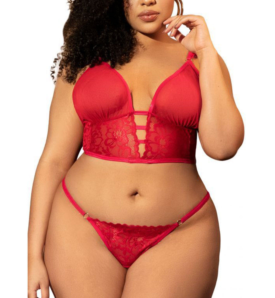 Mapale 2-in-1 Set PLUS: Longline Bralette, Removable Babydoll Skirt, Thong (7386X),1X/2X,Red - Red,1X/2X