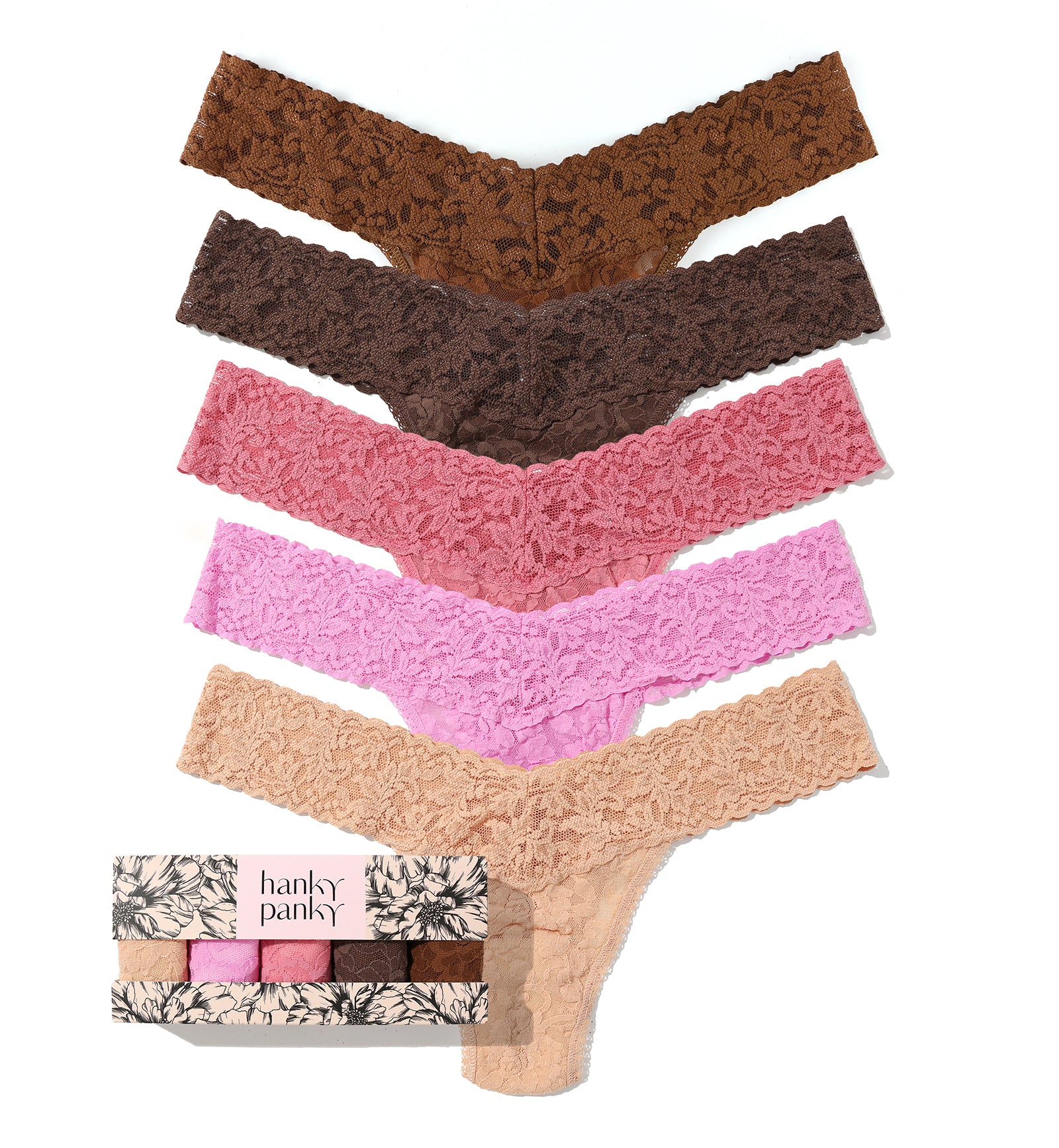 Hanky Panky 5-PACK Signature Lace Low Rise Thong (49115PK),Outline - Outline,One Size