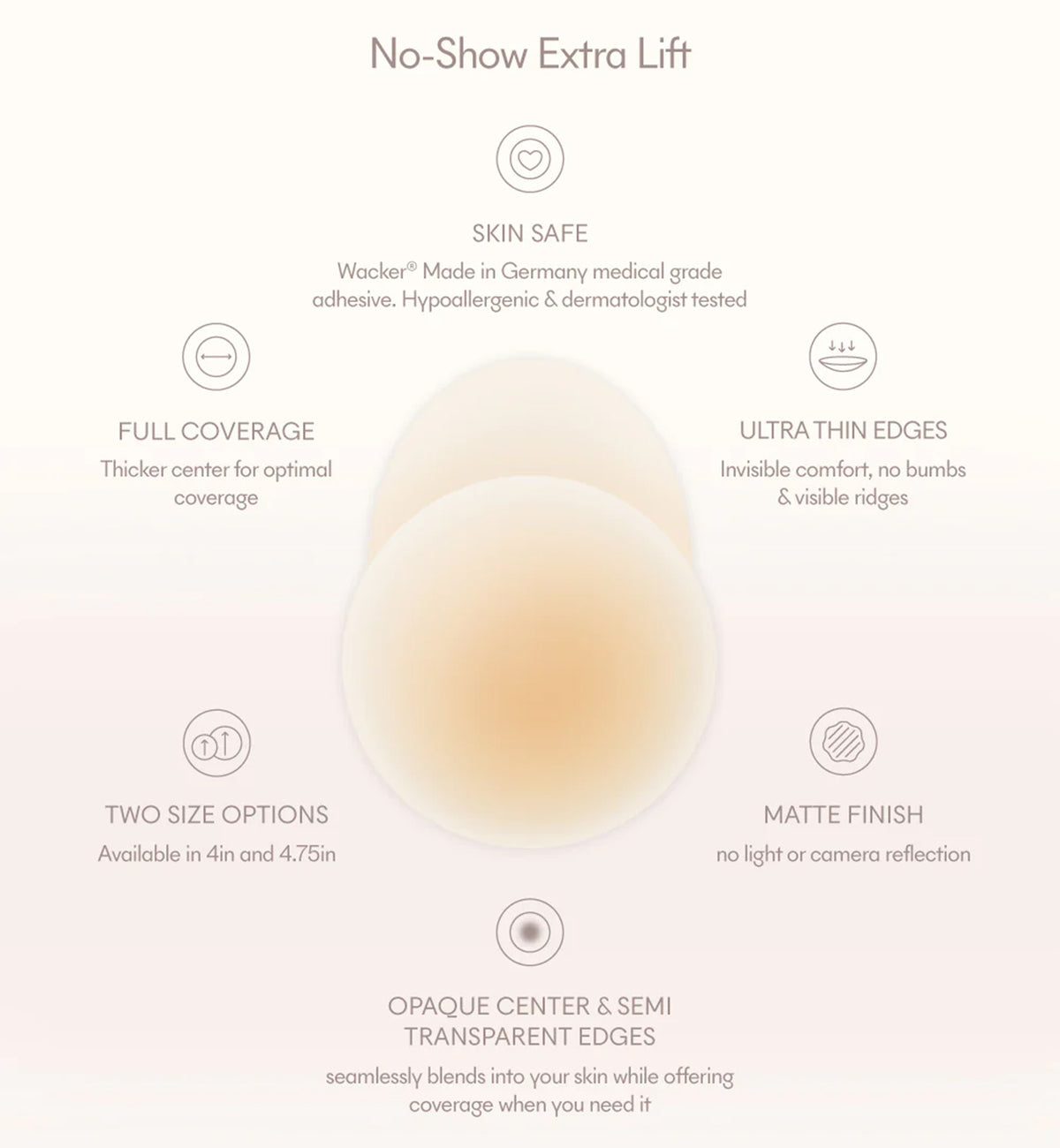 NOOD No-Show Extra Lift Adhesive Reusable Lifting Nipple Covers (4 inch),No. 5 / Soft Tan - Soft Tan,4 INCH