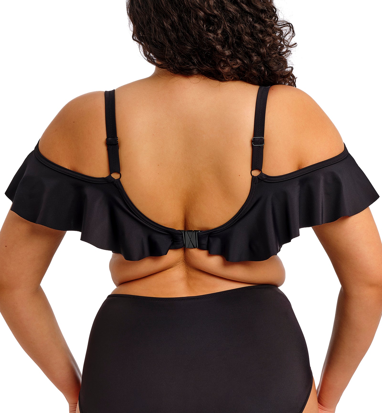 Elomi Plain Sailing Bardot Ruffle Underwire Plunge Bikini Top (ES7282),34G,Black - Black,34G