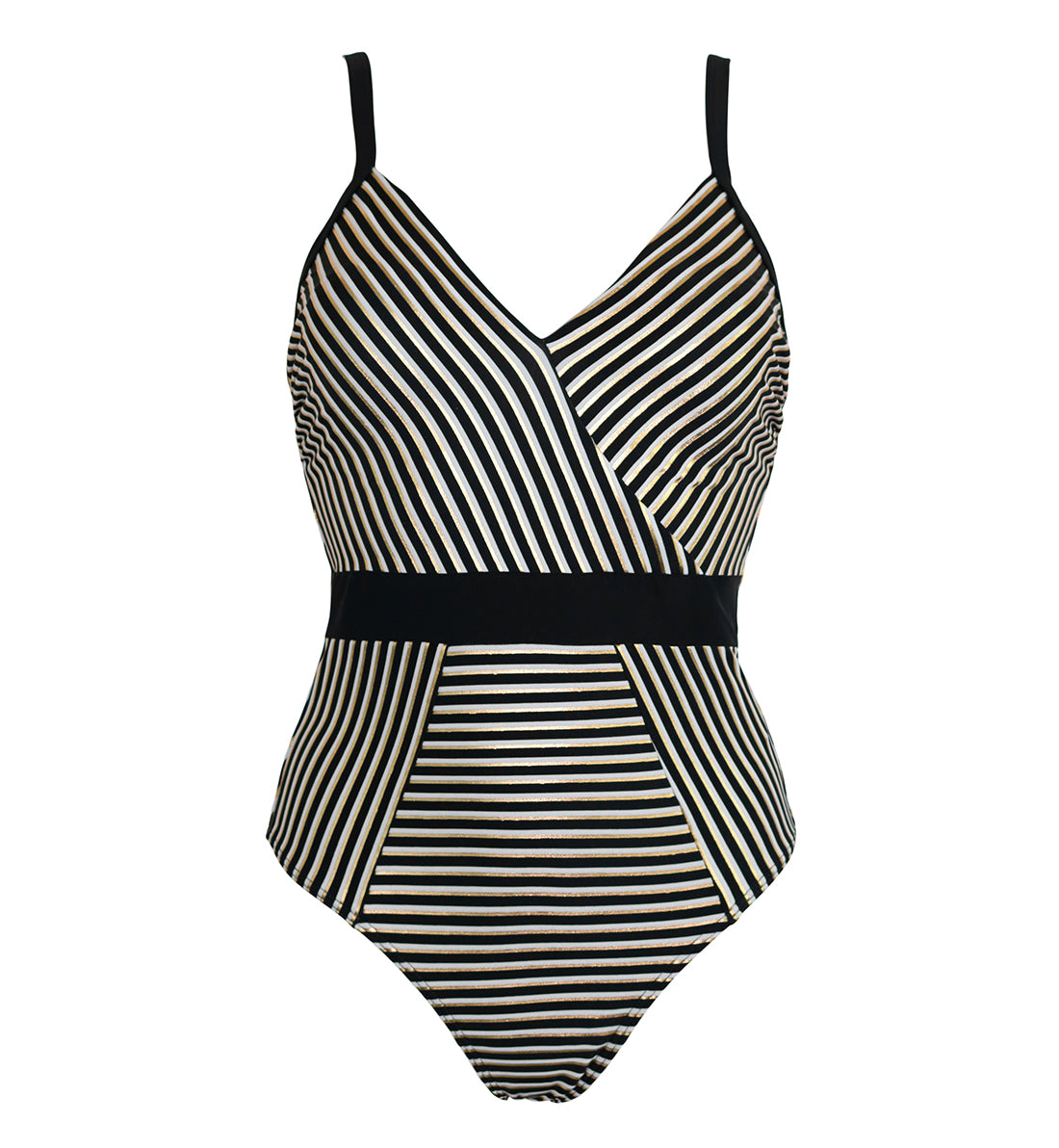 Pour Moi Radiance V Neck Control Swimsuit (24706),XS,Black/White/Gold - Black/White/Gold,XS