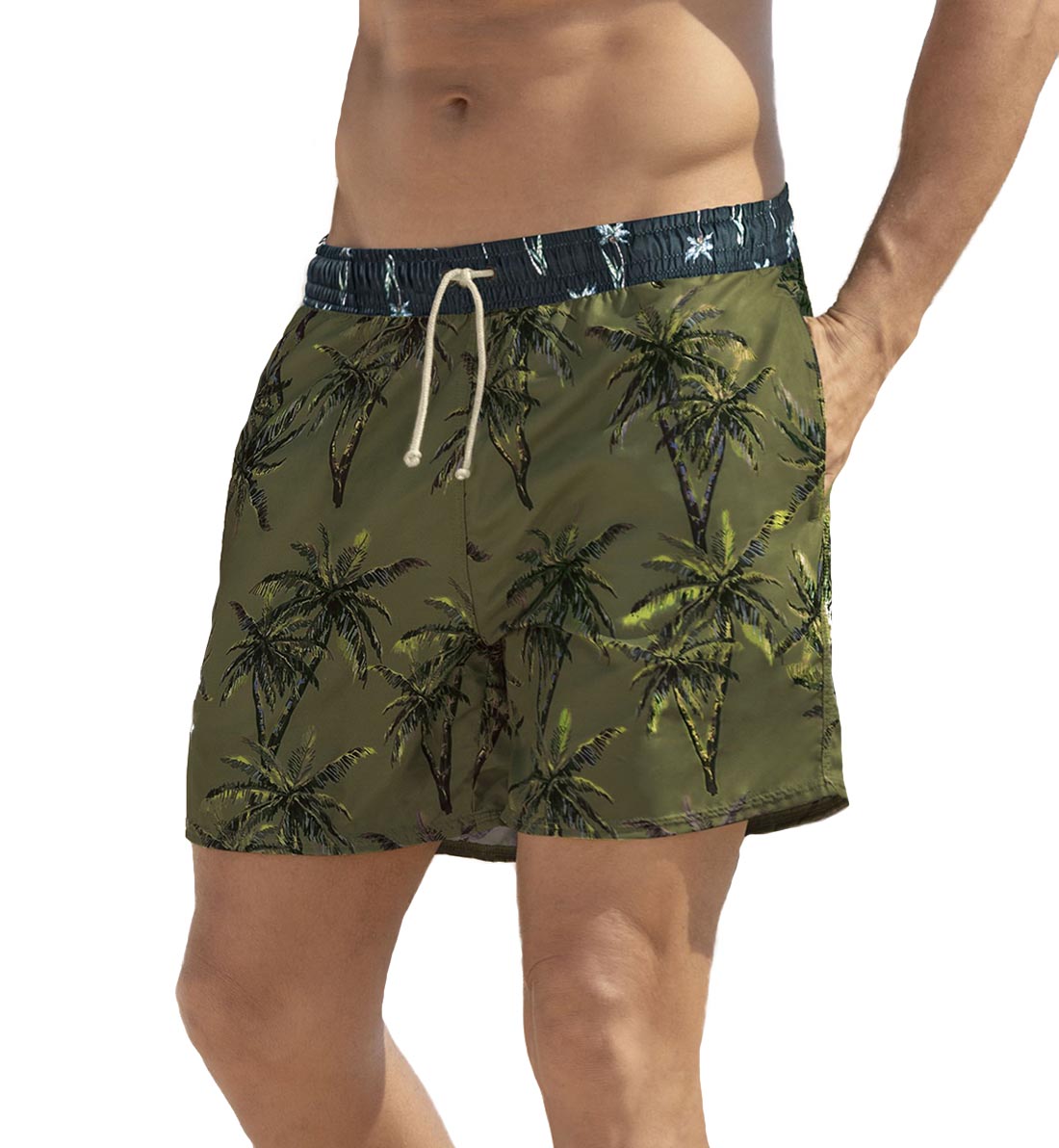 LEO Men's Printed Loose Fit Swim Trunk (505028),Small,Green Palm - Green Palm,Small
