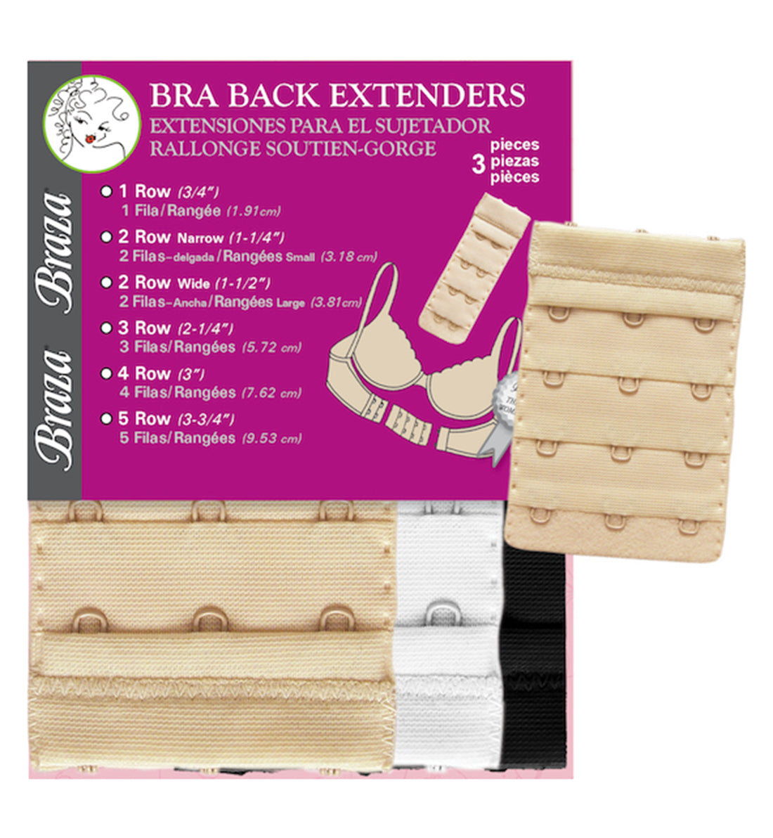 Braza Bra Back Extenders MULTI PACK (B5002),3 Hook,White/Beige/Black - Multi,3 Hook