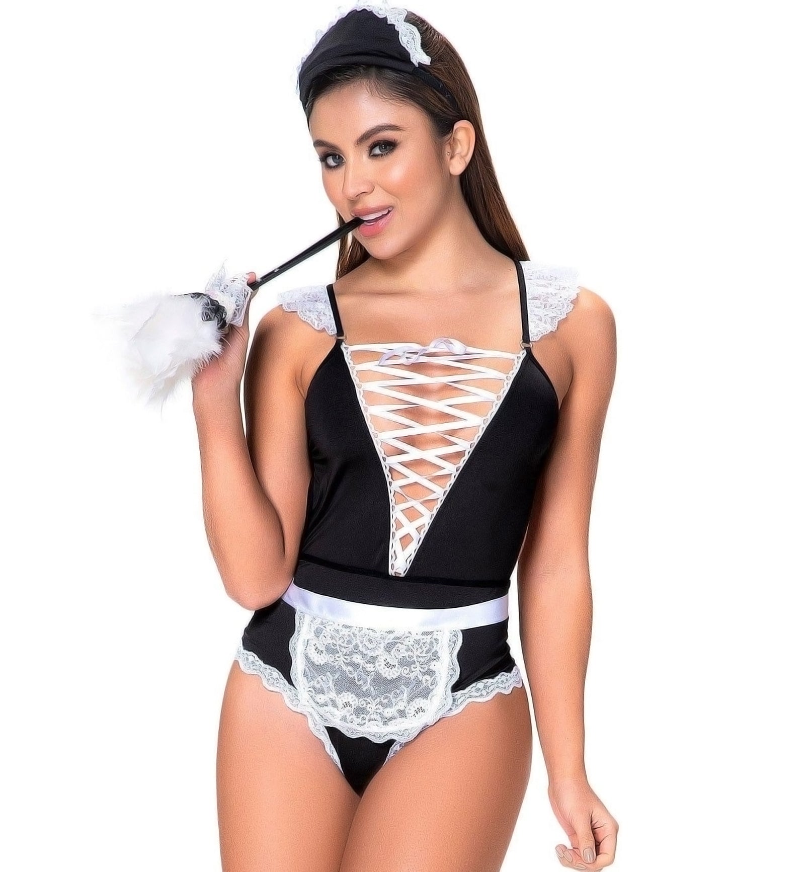 Mapale 3pc French Maid Set: Bodysuit, Apron, Headpiece (6414),S/M,Black - Black,S/M