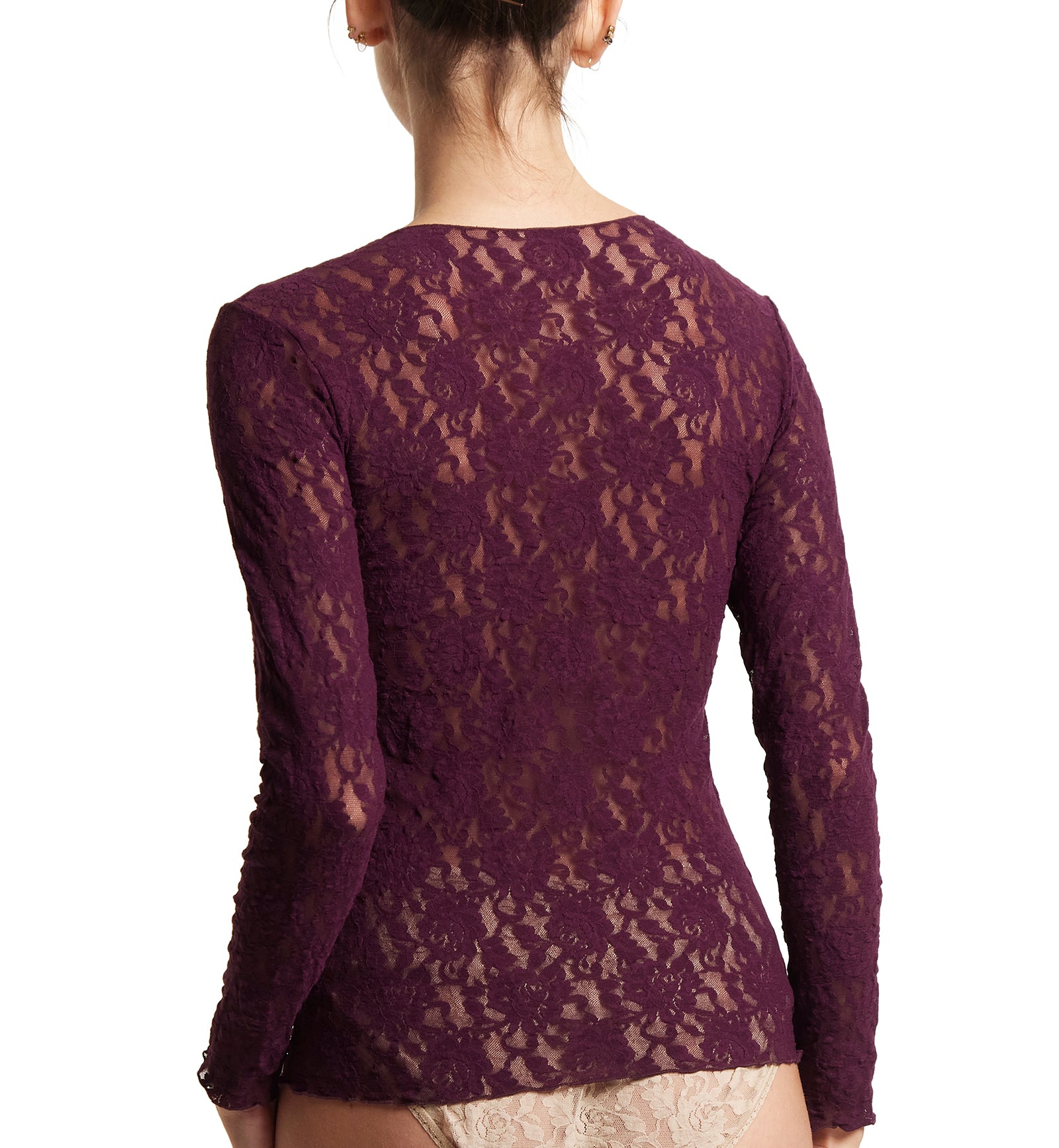 Hanky Panky Signature Lace Unlined Long Sleeve Top (128L),XL,Dried Cherry - Dried Cherry,Large