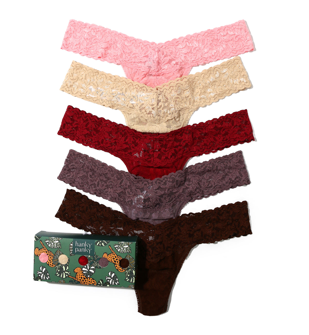 Hanky Panky 5-PACK Signature Lace Low Rise Thong (49115PK),Prowling - Pink Lemonade/Sand/Fine Wine/Dusk/Dark Cocoa,One Size