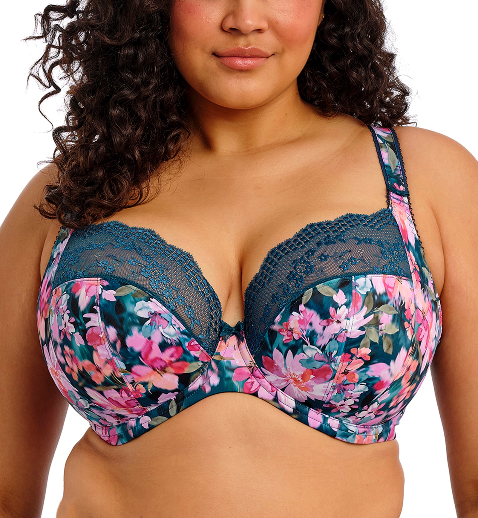 Elomi Lucie Banded Stretch Lace Plunge Underwire Bra (4490),32GG,Teal Floral - Teal Floral,32GG