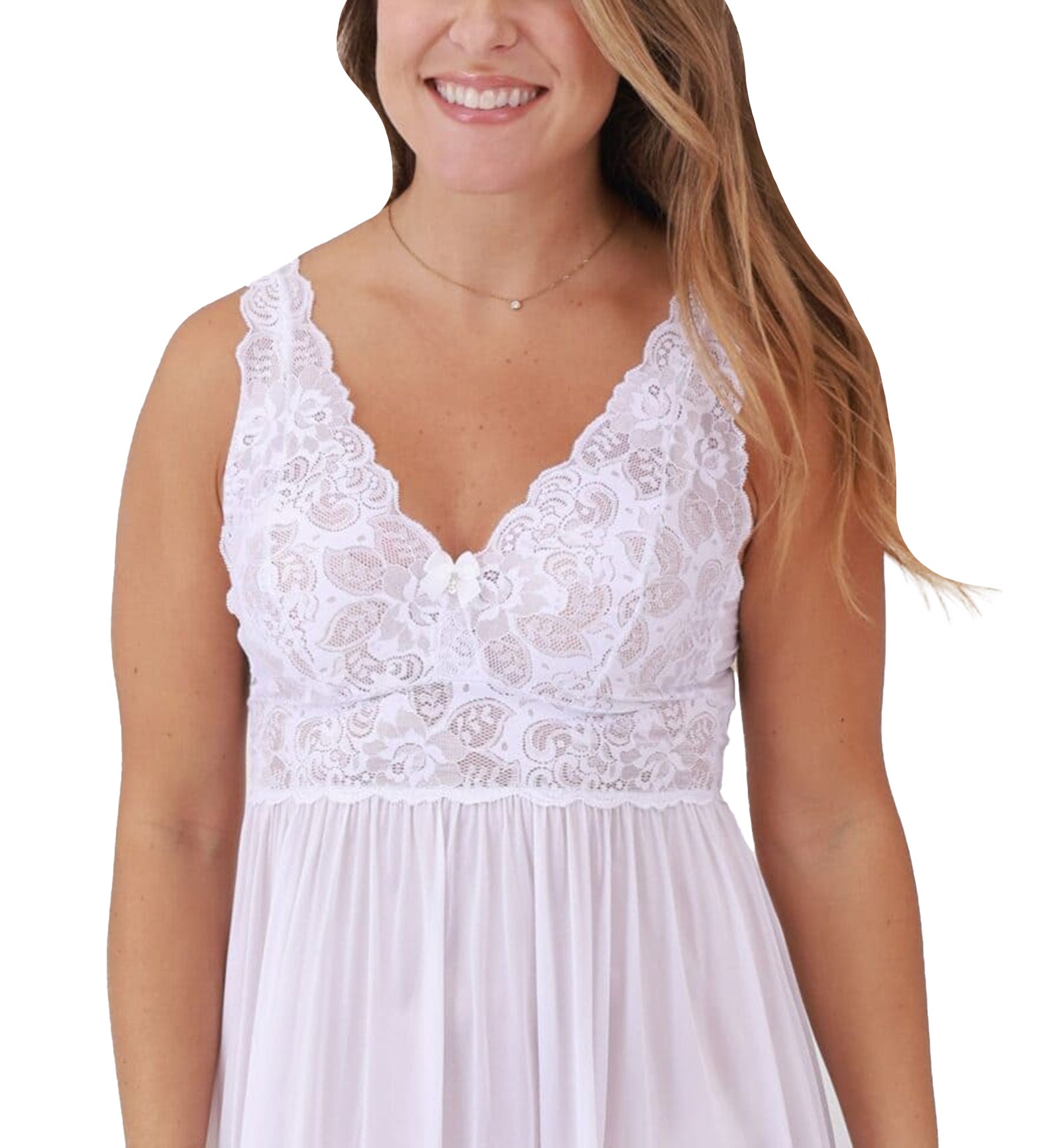 Shadowline Silhouette Lace Bodice Long Nightgown with Added Support (30737),S,Diamond White - Diamond White,Small