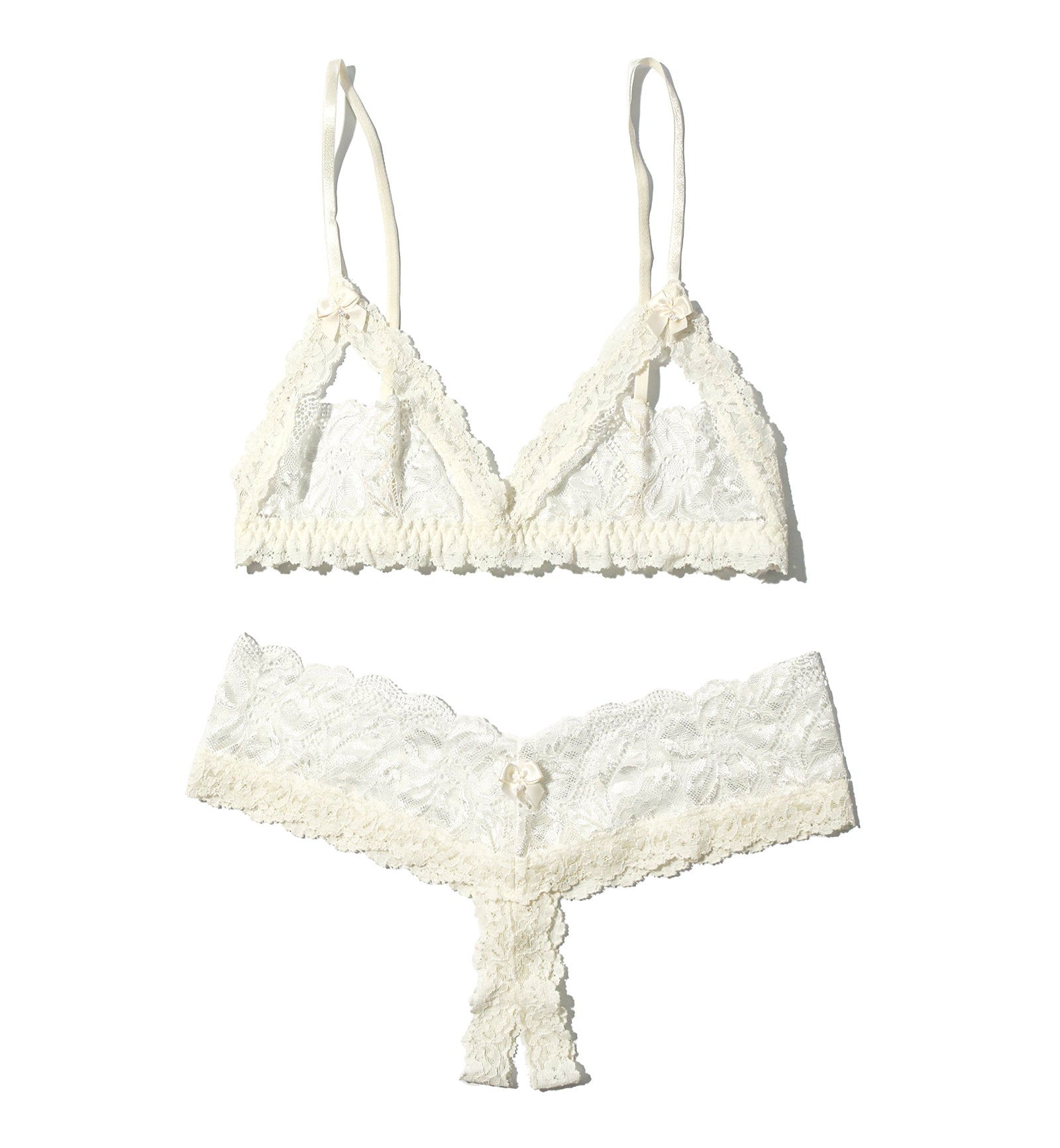 Hanky Panky Honeymoon Crotchless Thong and Bralette Set (946692SBX),Small,Light Ivory - Light Ivory,Small