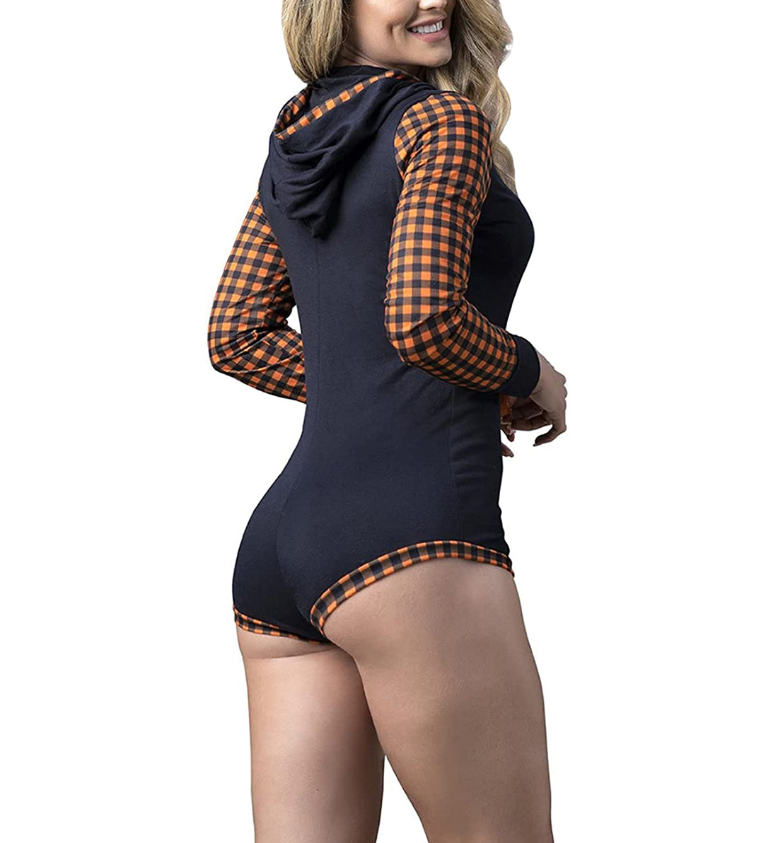 Mapale Long Sleeve Cheeky Sleep Romper with Hoodie (7405),Small,Black/Orange Gingham - Black/Orange Gingham,Small