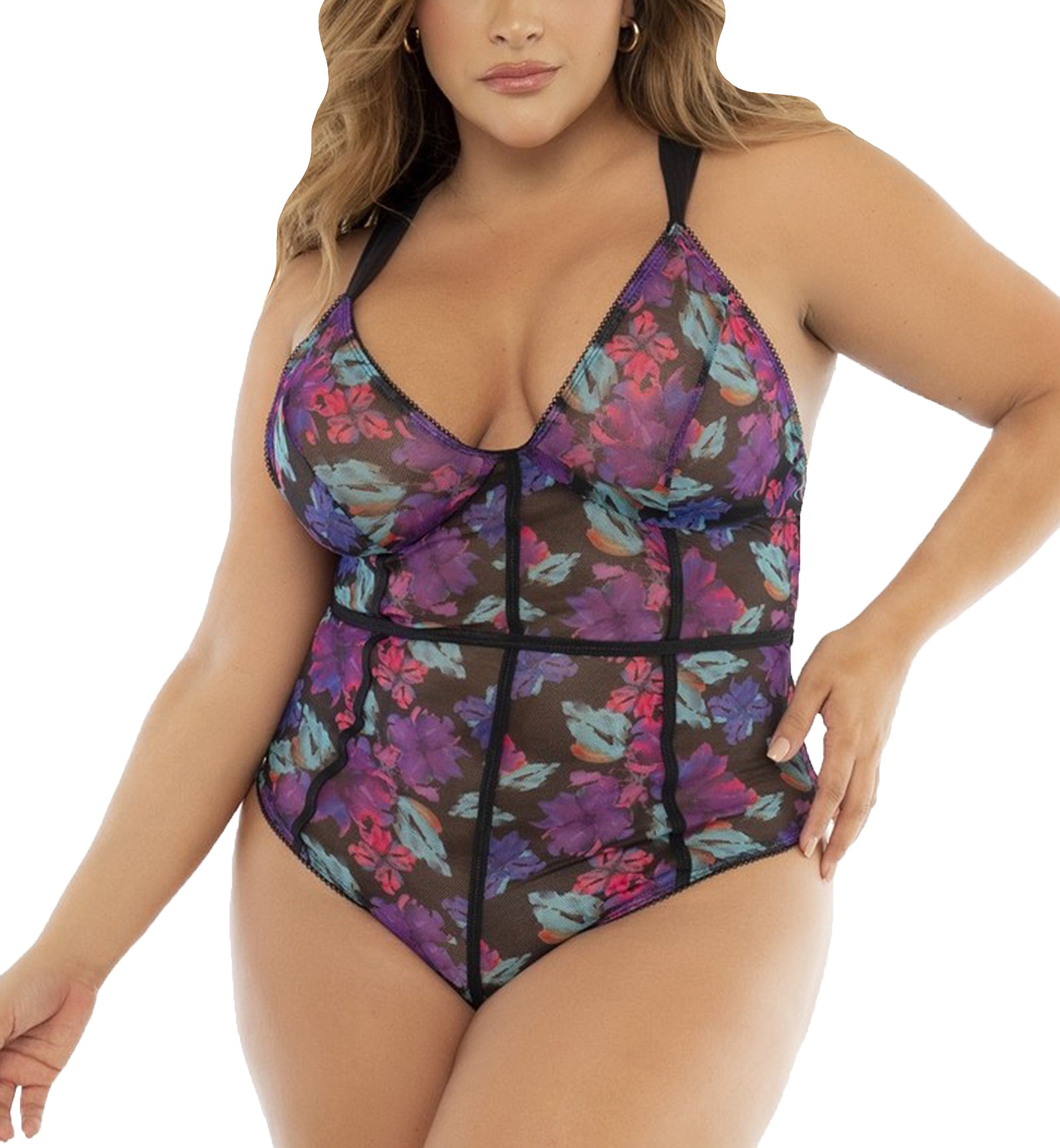 Mapale Sheer Racerback Teddy PLUS (8775X)3X/4X,Black Dream Flower - Black Dream Flower,3X/4X