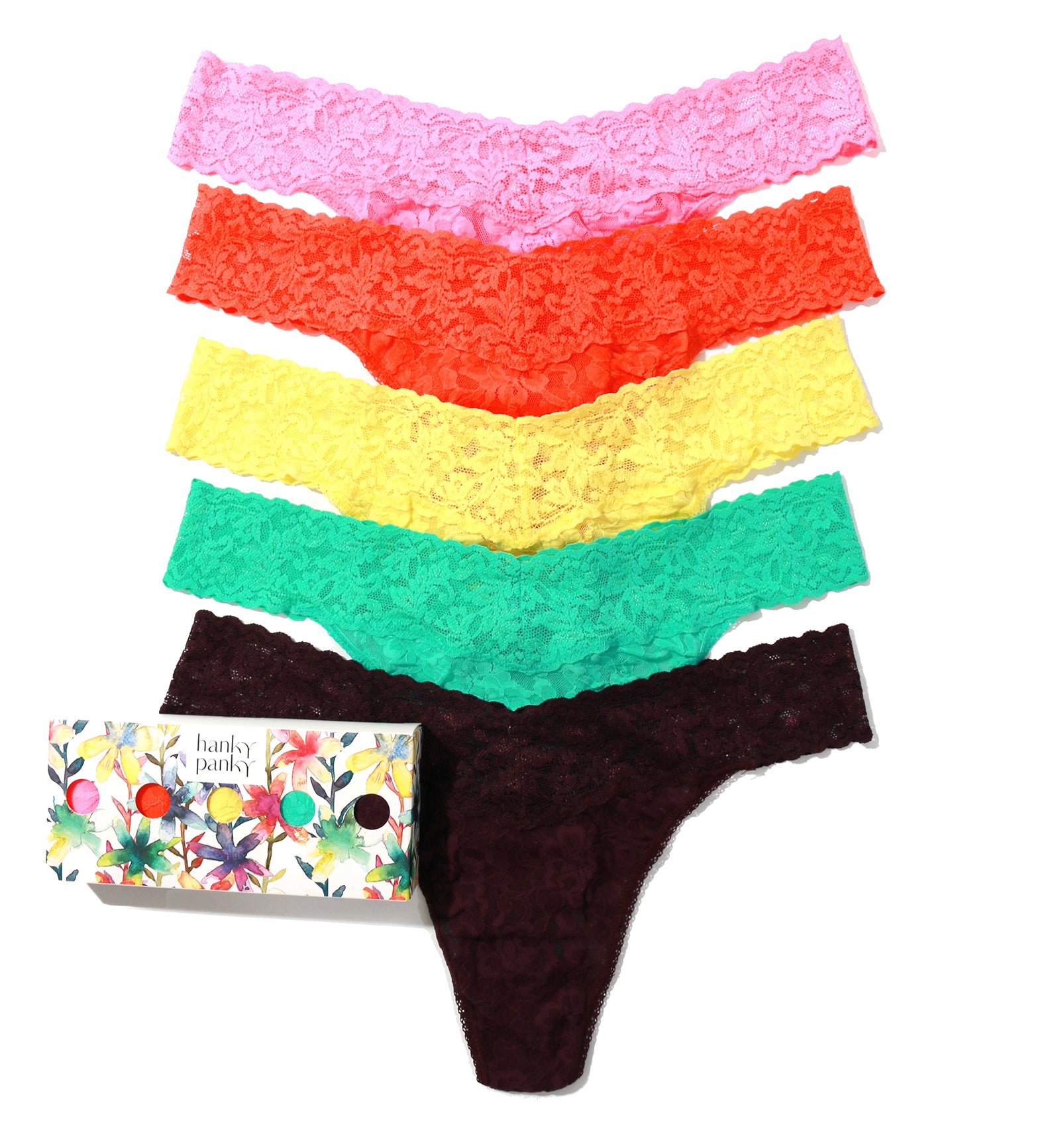 Hanky Panky 5-PACK Signature Lace Original Rise Thong (48115PK),Still Blooming - Pink/Orange Sparkle/Limoncello/Agave Green/Plum,One Size