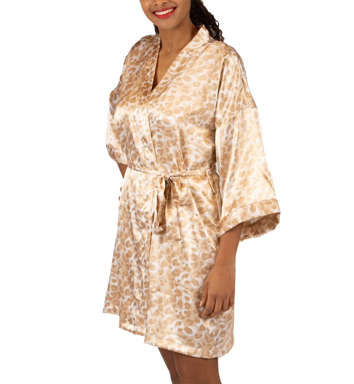 Shadowline Charming Satin Wrap Robe (4510),S/M,Latte Leopard - Latte Leopard,S/M